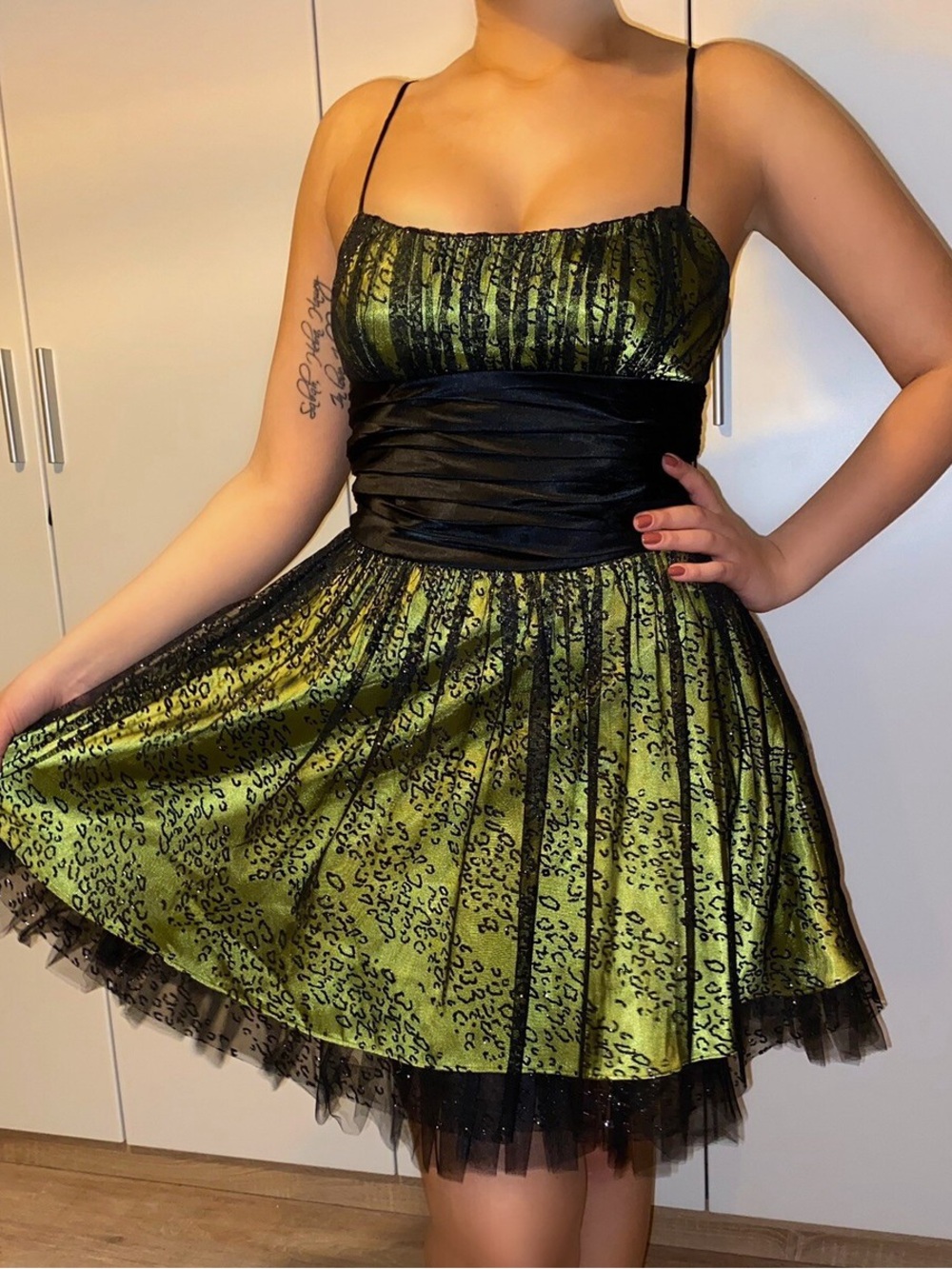 Morgan & Co Metallic Leopard-Print Party Dress with Black Waist Detail